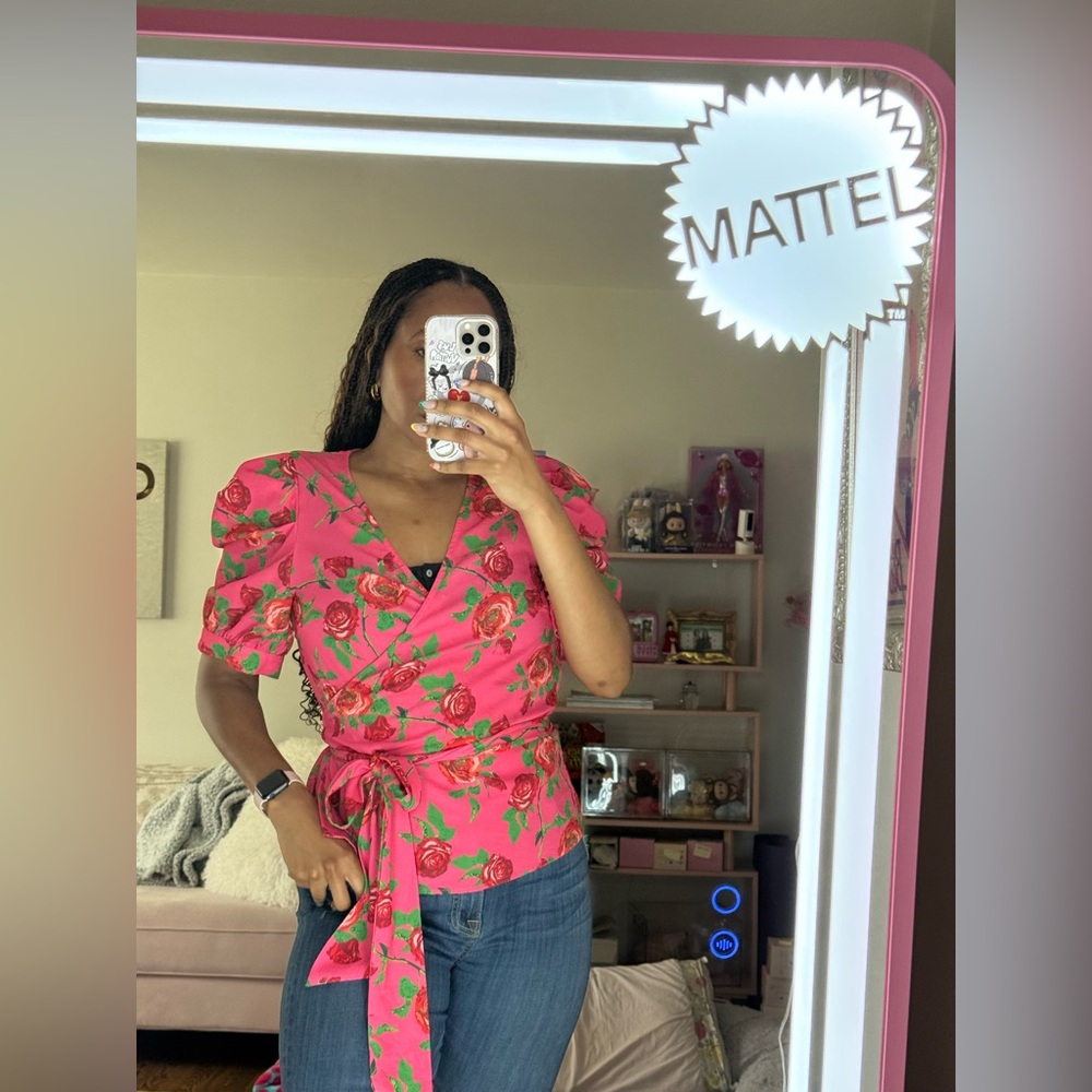 Flying Tomato Orange and Pink Wrap Blouse with Puffed Sleeves Size Medium